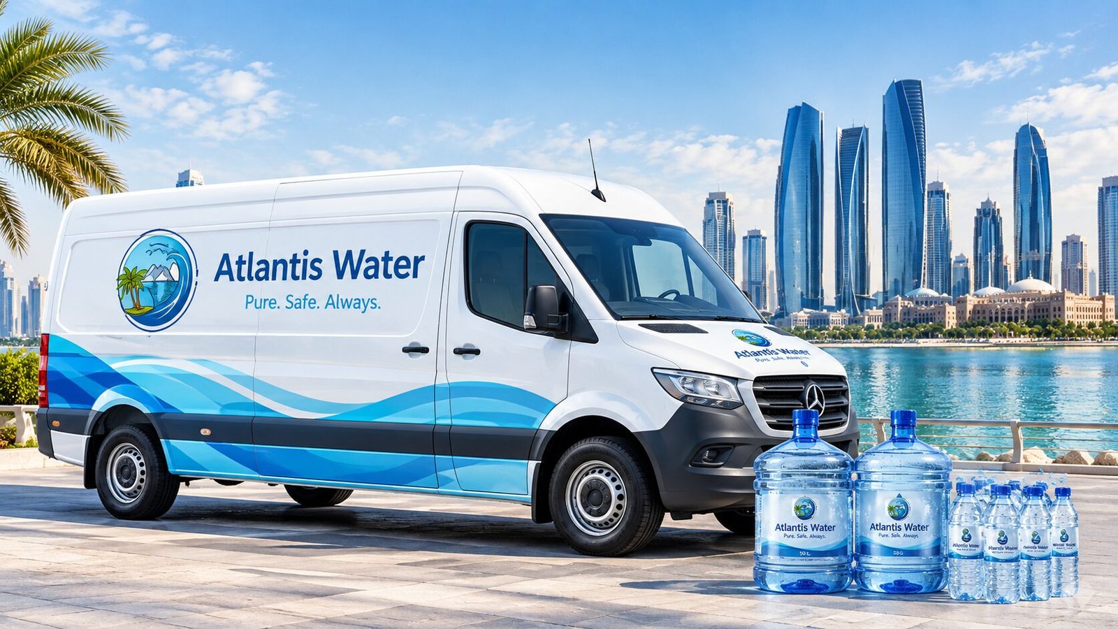 Atlantis Water delivery van and branded water products in Abu Dhabi
